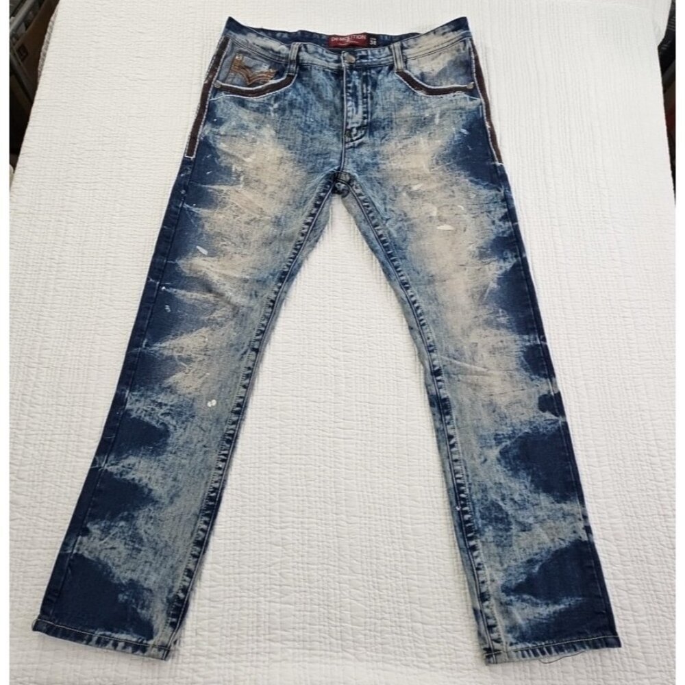 Demolition Jeans Men's 38x32 Med‎ Wash Distressed Embroidery Flap Pockets EUC